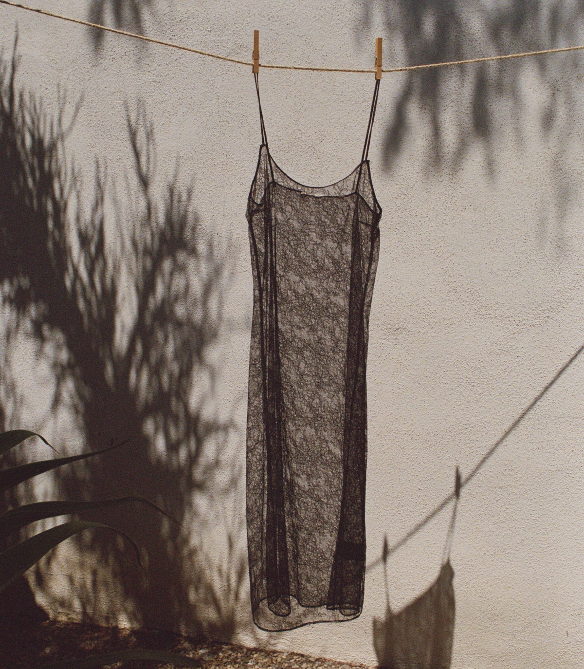 A sheer black lace slip dress hanging from a rope clothesline with wooden clothespins against a textured off-white wall, with strong tree shadows cast across it.